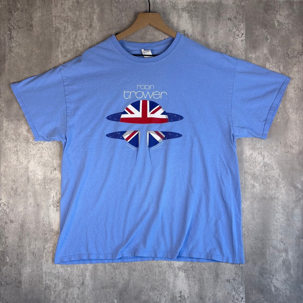 Robin Trower Graphic T-Shirt Mens XL Blue Union Jack UFO Rock Band Tee Gildan